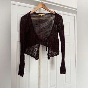 SOLD-Urban Outfitters Open Knit Tie-Front Cardigan in Deep Plum